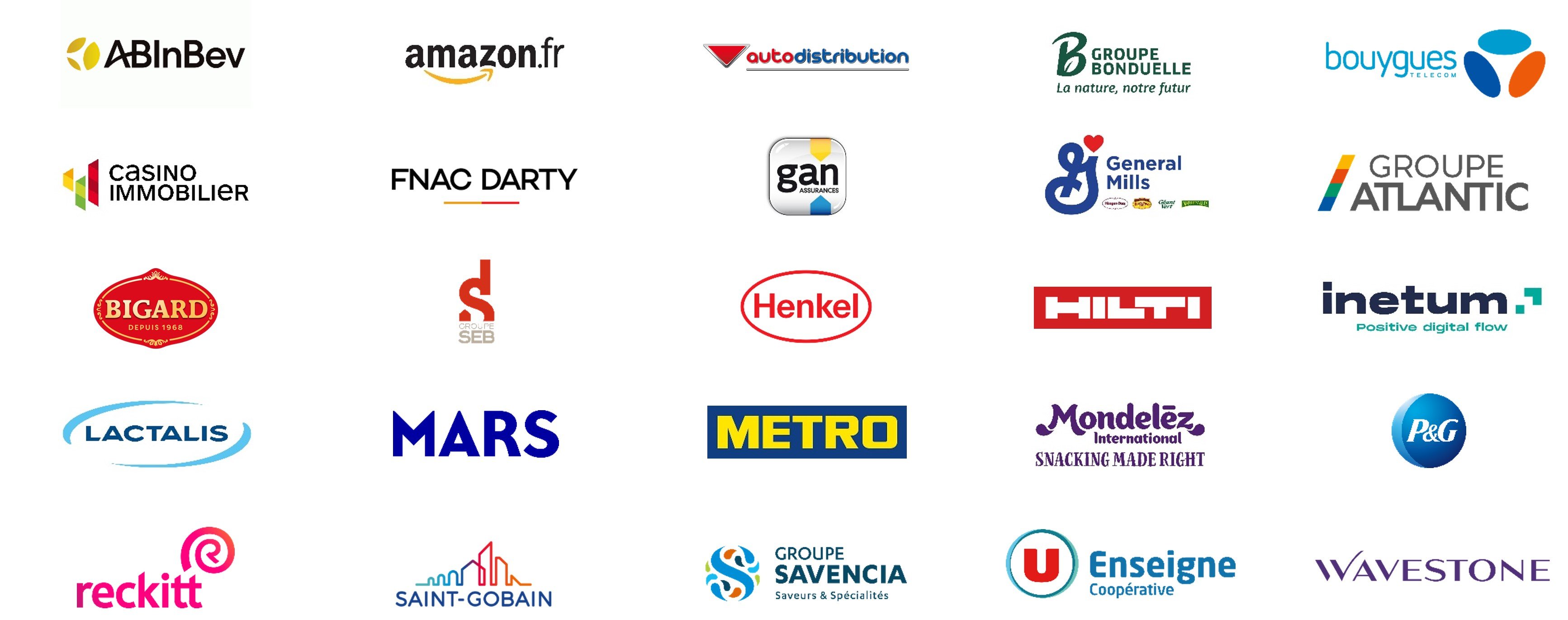 logo des entreprises ABInBev, Amazon, Autodistribution, Bonduelle, Bouygues Telecom, Casino Immobilier, Fnac-Darty, Gan Assurances, General Mills, Groupe Atlantic, Groupe Bigard, Groupe Seb, Henkel, Hilti, Inetum, Lactalis, Mars, Metro, Mondelez, P&G, Reckitt, Saint Gobain, Savencia, Coopérative U et Wavestone